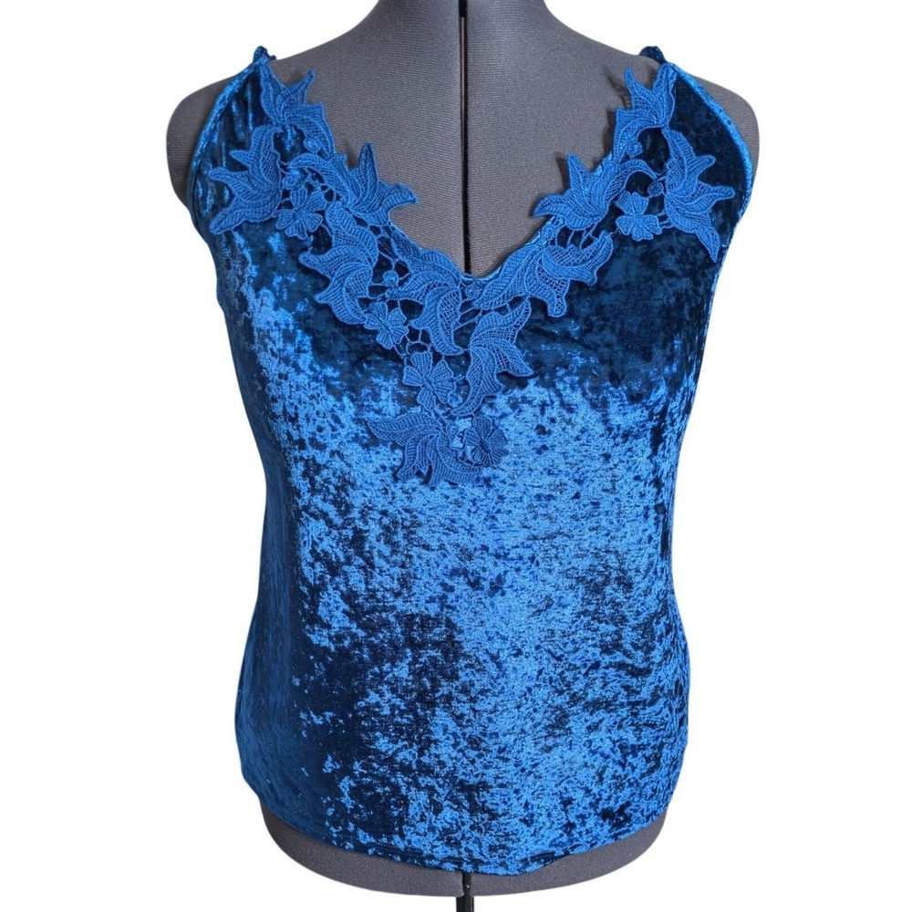 Whimsigoth Velvet Cami 2XL Floral Lace Applique Crushed Blue Velvet Fairy